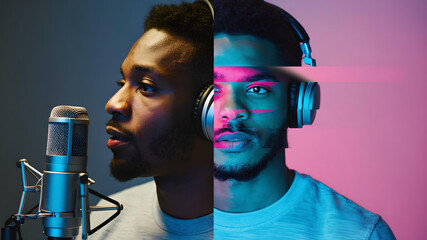 Dynamic split image depicting an African American man in a podcasting studio using a microphone and wearing headphones, showcasing both side profile and front view. Image made using Generative AI.