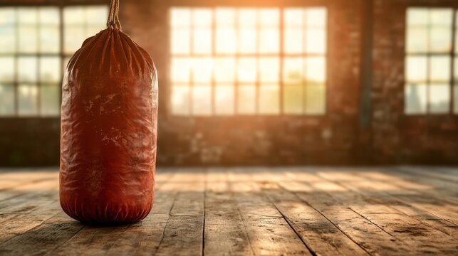 An atmospheric image of a vintage leather punching bag hanging in a sunlit warehouse, evoking feelings of determination, hard work, and the spirit of training.