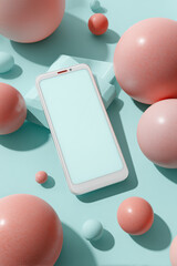 White smartphone mockup with blank screen surrounded by pastel pink and blue spheres on a mint green background.