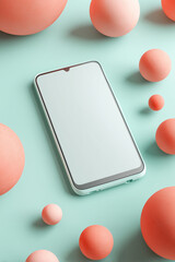 A modern smartphone with a sleek, light design, surrounded by stylish abstract geometric shapes, symbolizing communication, technology, and innovative design.