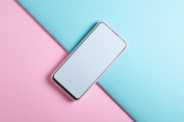 Smartphone mockup with blank screen on pastel pink and blue background.