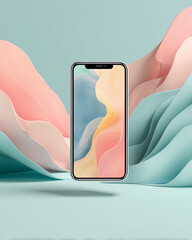 Modern smartphone featuring abstract digital artwork with a colorful wave-like design and a soft pastel backdrop. The futuristic device showcases cutting-edge technology with elegance.