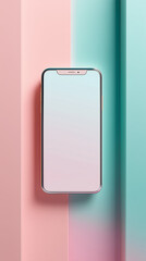 Smartphone mockup with blank screen on pastel pink and green background.