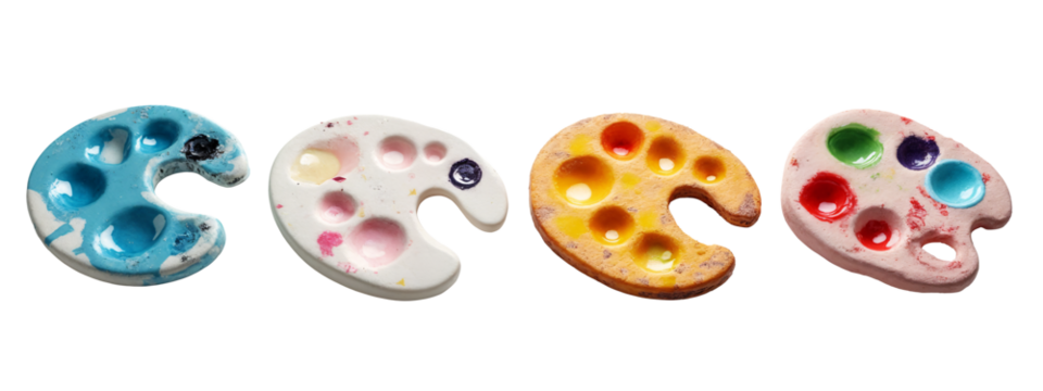 A row of four different colored paint palettes