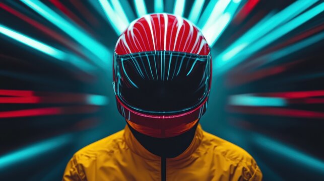 A colorful racing helmet set against a backdrop of dynamic neon lights creates a thrilling visual experience, embodying the excitement and energy of speed and competition.