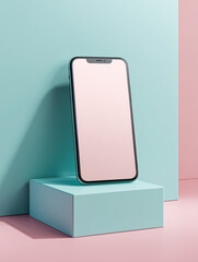 Smartphone mockup on pastel cube. Pink and blue background.