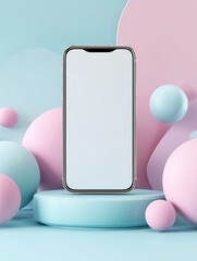 A minimalist composition featuring a smartphone with a blank screen, perched atop a podium amidst pastel spheres, a study in modern technology, design, and simplicity.