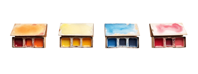 A row of watercolor paints