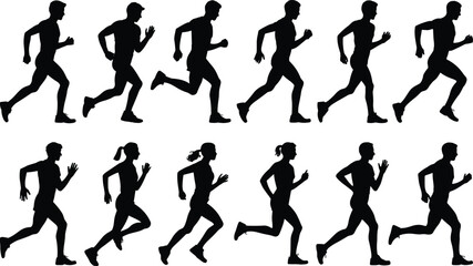 Silhouettes of male and female runners jogging in different running poses, fitness and exercise concept, isolated on white