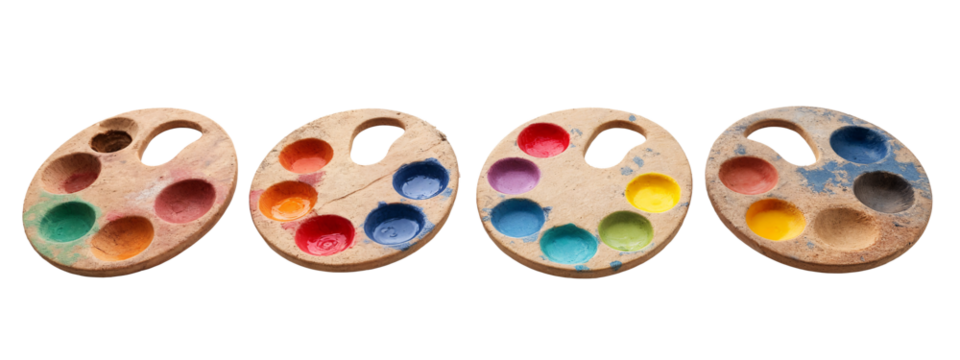 A set of four wooden palettes with different colored paints on them.
