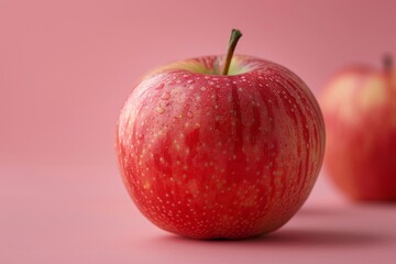 A vibrant close-up of a fresh red apple, glistening with moisture against a soft pink background, emphasizing its juicy appeal and healthy attributes.