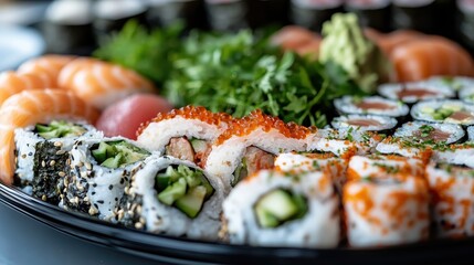 A vibrant and enticing sushi platter beautifully arranged with different types of sushi, showcasing a culinary masterpiece that appeals to lovers of Japanese cuisine.