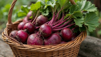 Freshly harvested red beets in rustic wicker basket on wooden surface