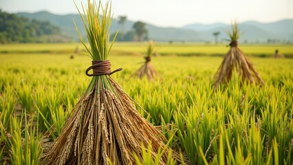 Stacked rice stalks in green paddy field with hills and blue sky