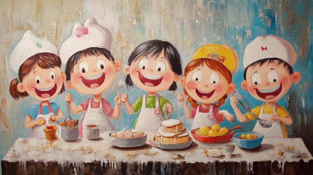 Cute and colorful characters around a table practicing the art of cooking. Group work. Tasty dishes