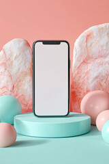 Smartphone mockup on pastel colored podium with stones and spheres.