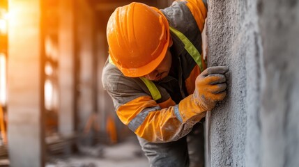 A focused construction worker in a hard hat and safety gear meticulously performs work on a build site, emphasizing the importance of safety and diligence in construction.