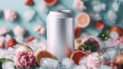 An artistic arrangement of a silver can surrounded by floating ice and colorful fruits, creating a refreshing summer vibe filled with flowers for a vibrant display.