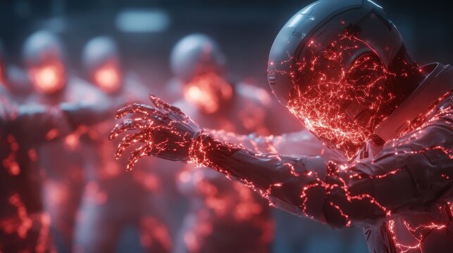 A striking image of futuristic robotic figures with a mesmerizing glow, evoking ideas of advanced technology and the interplay between artificial and human elements in our world today.