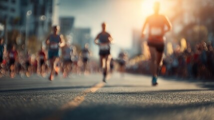 Blurred motion of marathon runners during street race with crowd cheering on.