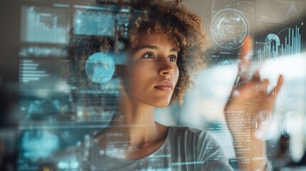 Woman interacting with an augmented reality interface displaying data charts.