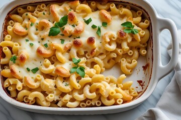 Cheesy baked macaroni in white ceramic dish