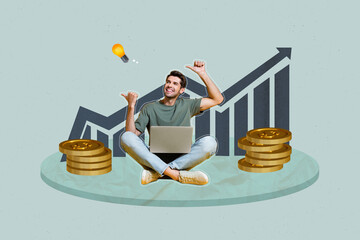 Composite zine pop trend collage of happy businesswoman businessman freelancer sit arrow coin progress statistics earnings