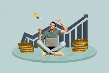 Fototapete Composite zine pop trend collage of happy businesswoman businessman freelancer sit arrow coin progress statistics earnings © deagreez