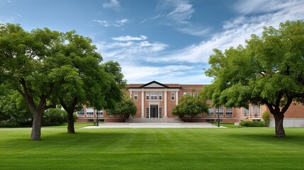 A stately brick building sits behind a lush green lawn, framed by mature trees.