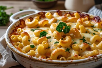 Cheesy baked macaroni in white ceramic dish
