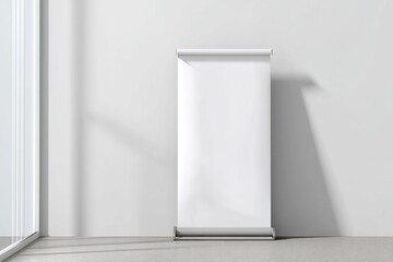 Blank white rollup banner stand for branding and information in a minimalist setting.