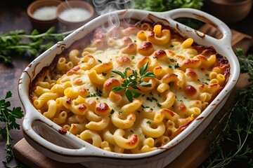 Cheesy baked macaroni in white ceramic dish