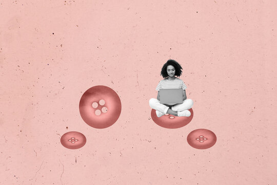 Collage of digital freelancer woman using laptop while sitting on abstract elements remote work creative concept