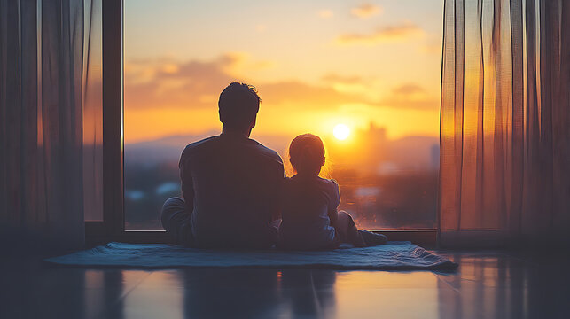 Father and Child Silhouetted Against a Sunset
