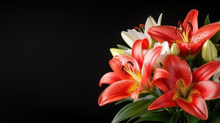 Fototapeta premium This beautiful floral composition features vibrant red lilies arranged elegantly against a dark background, symbolizing love and passion in a visually striking display.