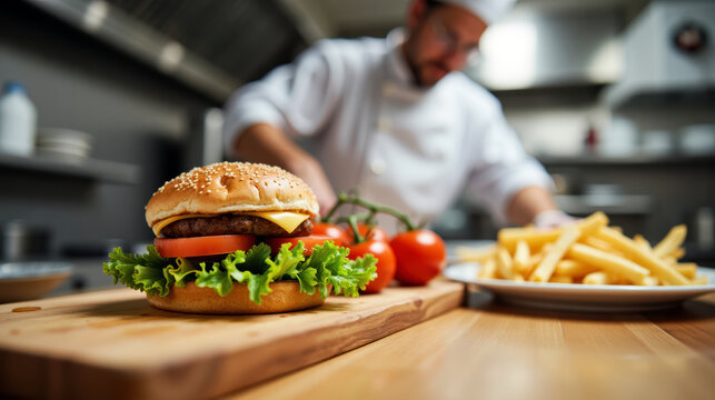 Professional restaurant kitchen scene with chef in white uniform working in a modern culinary environment with copy space