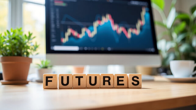 Futures trading represents financial strategies using contracts to speculate or hedge in global markets with copy space