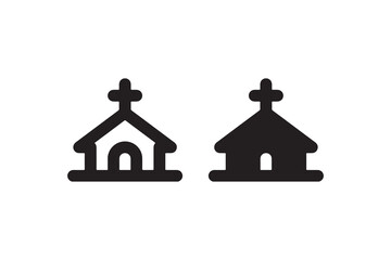 Silhouette icons of traditional church buildings in black on white background.