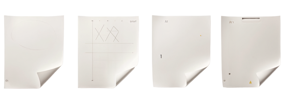 A set of four white paper sheets with different designs on them.