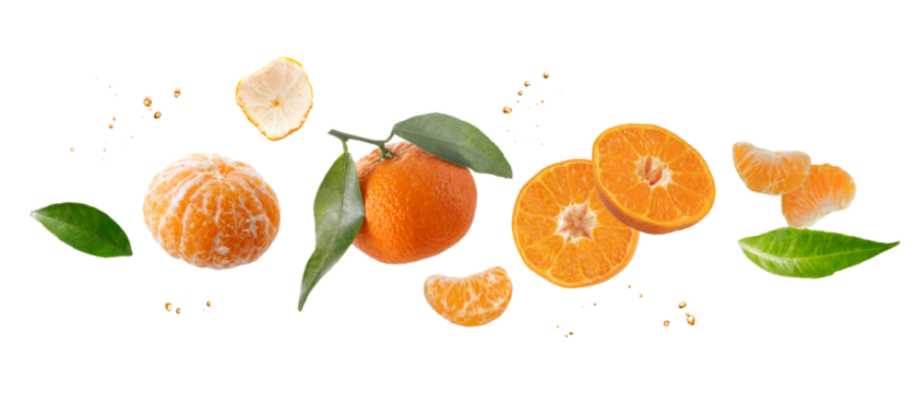 Fresh mandarin or tangerine fruit whole and slices with drops and leaves falling flying isolated on white