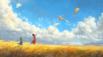 Illustrative image as an oil painting of children outdoors in a beautiful landscape playing kite flying