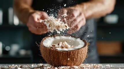 A close-up of a coconut being broken opens up the scene for fresh coconut meat and water, showcasing the vibrant textures and culinary possibilities of this tropical fruit.