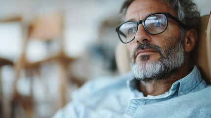 A contemplative man in glasses sits in a relaxed setting, lost in deep thoughts as he reflects on life, conveying wisdom and introspection in a cozy atmosphere.