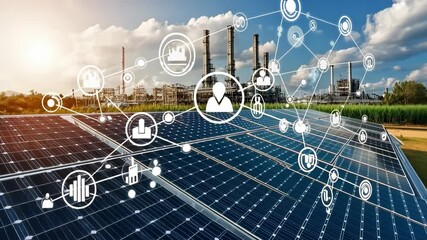 Solar panels collect sunlight while advanced technology connects to an industrial setting, emphasizing renewable energy solutions - Powered by Adobe