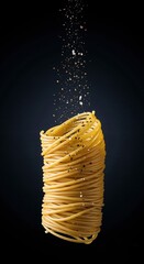 Raw spaghetti rising from a coil with salt and pepper flying around on a dark background for food advertising.