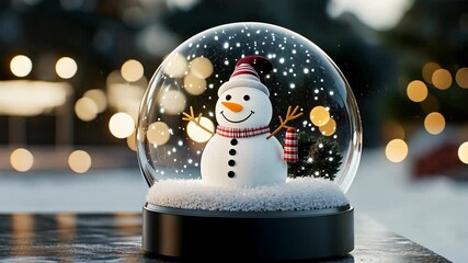 A charming snow globe features a smiling snowman with a scarf, holding a broom, set against a backdrop of twinkling holiday lights - Powered by Adobe