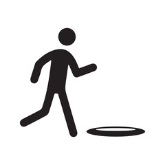 Silhouette of Person Running Toward Open Manhole in Minimalist Black Icon Style, Hazard Sign