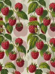 Vintage raspberry botanical pattern with ripe red berries and green leaves on a cream yellow background, ideal for kitchen decor, textile prints, and packaging design.