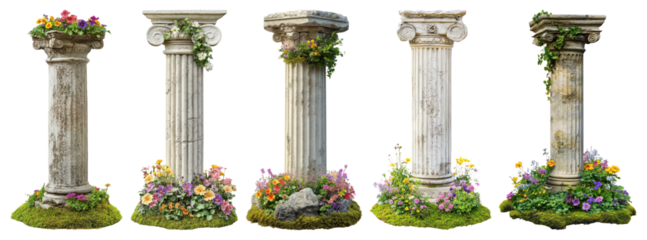 PNG Ancient columns adorned flowers, element set on transparent background