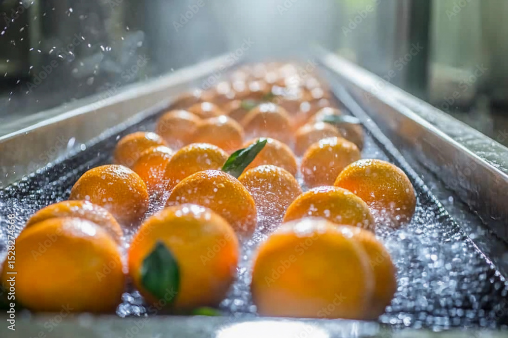 Poster oranges being washed on a conveyor belt in a facility generative ai